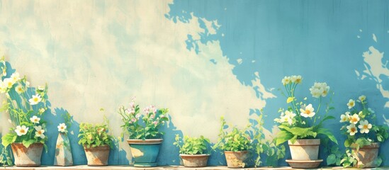 Decorative wooden wall adorned with flower pots set against a textured background High quality image