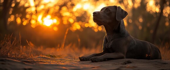 Wall Mural - Labrador Retriever Dog Silhouette at Sunset