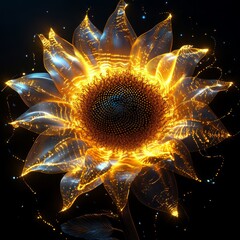 Sticker - A glowing, abstract sunflower with a detailed center and petals.