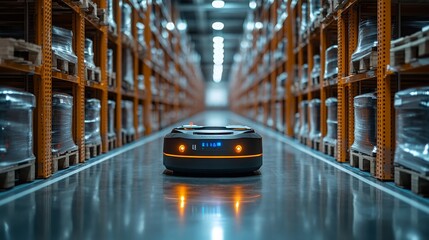 Poster - Future warehouse showcasing sustainable technology with automated robots working efficiently