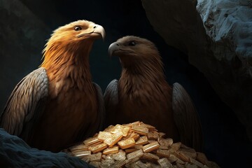 Image features two majestic eagles standing over a pile of gold bars inside a dimly lit cave. The scene evokes a combination of strength and treasure.