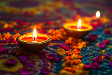 Celebrating Diwali festival, candles in temple with colorful background