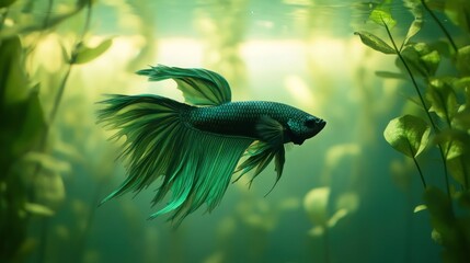 Wall Mural - Green Betta Fish in an Aquarium