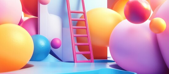 Wall Mural - Creative 3D depiction of a ladder surrounded by abstract floating shapes 3D artwork