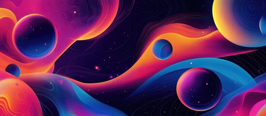 Vibrant abstract background featuring multicolored geometric circles and surreal planetary forms in an open space setting