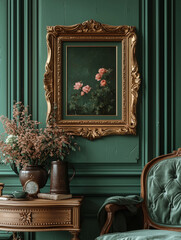 Ornate gold frame with a painting of roses hanging above a vintage armchair in a sophisticated interior.