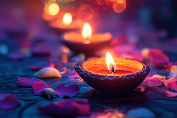 Celebrating Diwali festival, candles in temple with colorful background