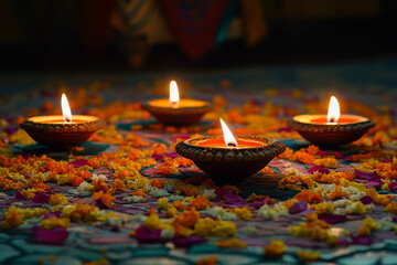 Celebrating Diwali festival, candles in temple with colorful background