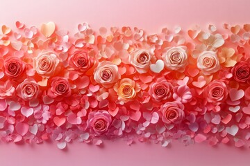 Wall Mural - A gradient of pink paper roses and hearts on a pink background.