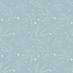 Flying white birds line art seamless pattern on blue colour background 