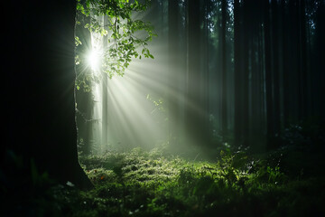 Mysterious misty forest with sunlight streaming through the trees, creating an ethereal and peaceful atmosphere.