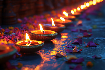 Wall Mural - Celebrating Diwali festival, candles in temple with colorful background