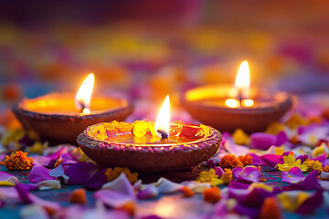 Wall Mural - Celebrating Diwali festival, candles in temple with colorful background