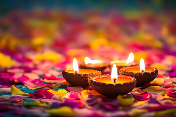 Celebrating Diwali festival, candles in temple with colorful background