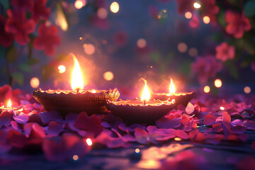 Poster - Celebrating Diwali festival, candles in temple with colorful background