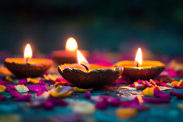 Celebrating Diwali festival, candles in temple with colorful background