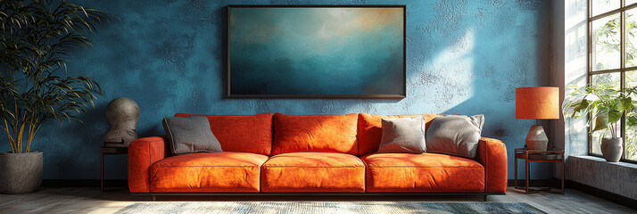 Canvas Print - A bright orange sofa in a contemporary living room.