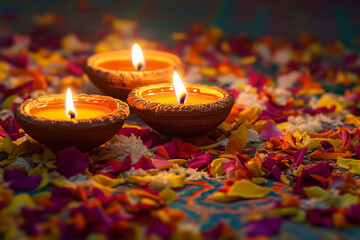 Wall Mural - Celebrating Diwali festival, candles in temple with colorful background