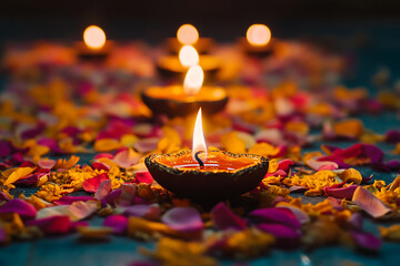 Wall Mural - Celebrating Diwali festival, candles in temple with colorful background