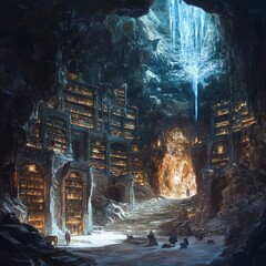 Poster - A grand library built within a cave, illuminated by a glowing waterfall.