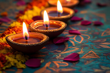 Wall Mural - Celebrating Diwali festival, candles in temple with colorful background