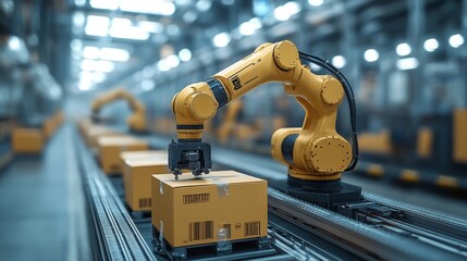 Poster - modular robotics system sorting packages on automated conveyor belt in futuristic warehouse