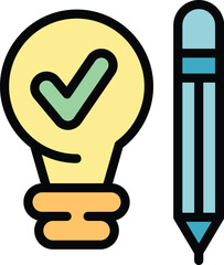 Poster - Light bulb is glowing with a check mark inside, confirming a successful idea found with a pencil