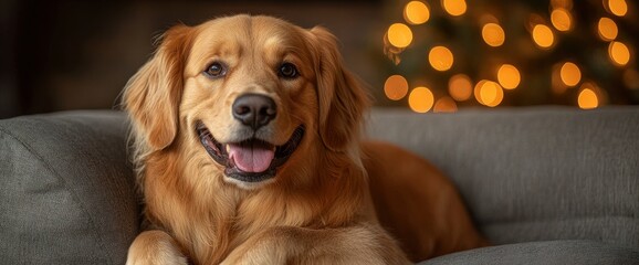 Wall Mural - Golden Retriever Dog Relaxing on Couch with Christmas Lights in Background