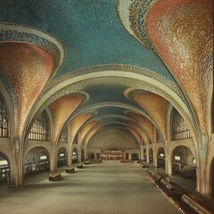 Sticker - A grand, arched ceiling with intricate mosaic tile work in an empty, vast room.