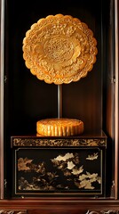 Golden Mooncake with Intricate Patterns on Display