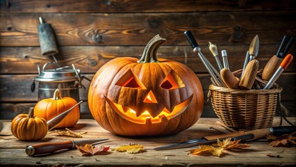Poster - Spooky Halloween pumpkin jack-o-lantern with carving tools and haunted decorations, pumpkin, Halloween, spooky