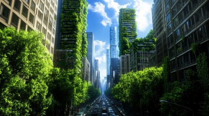 Green buildings with rooftop gardens in a modern city, promoting sustainable architecture and environmental urban design