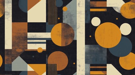 Wall Mural - Abstract seamless geometric pattern featuring circles lines and rhombuses in shades of brown yellow and blue