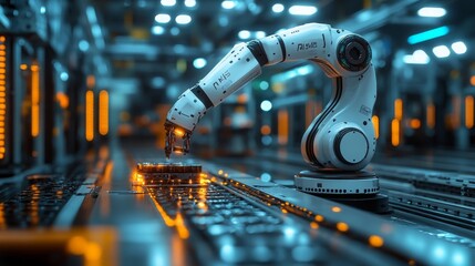 Poster - Futuristic robotic arm efficiently picking and placing objects in a high-tech manufacturing facility