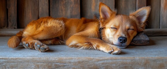 Sleeping Puppy Dog on Wooden Bench