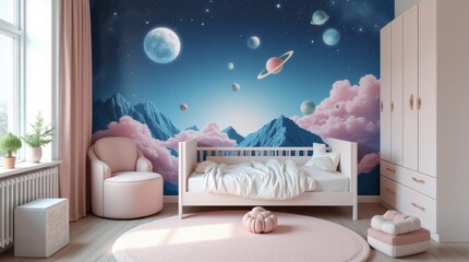 Wall Mural - Space theme. Creative and bright eco design of a children's room. Bright fantasy wallpaper on the wall of baby room.