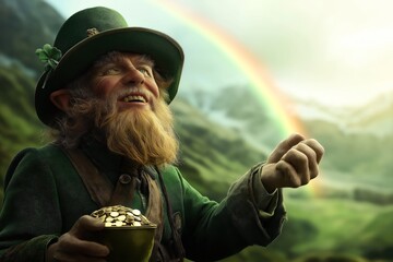 Canvas Print - Image of a cheerful leprechaun holding a pot of gold with a vibrant rainbow in the background, standing in a lush, green landscape. The sky is bright and clear.