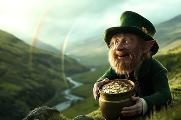 Canvas Print - A cheerful leprechaun with a lush beard and green hat holds a pot of gold coins, with a scenic green landscape and a double rainbow in the background.