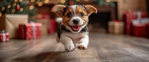 Poster - Happy Puppy Running Toward Christmas Tree