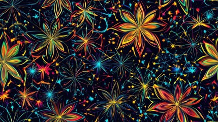 Wall Mural - Colorful abstract seamless pattern featuring intricately connected stars and flowers perfect for various fabrics prints or creative projects presented in high resolution with vibrant hues