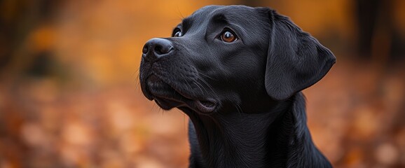 Wall Mural - Black Labrador Retriever Looking Up in Autumn