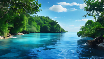 Stunning natural beauty with blue water and green landscape.