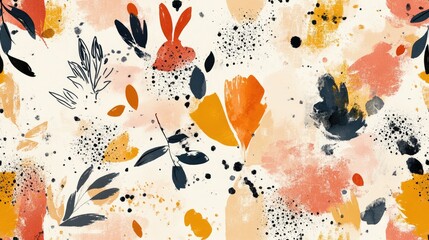 Wall Mural - Floral seamless pattern featuring abstract leaves flowers and shapes Hand drawn design with watercolor texture spots and splashes Mixed media artwork with an endless motif