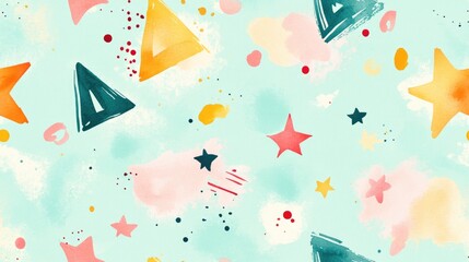 Wall Mural - Seamless Watercolor Abstract Pattern featuring Colorful Geometric Shapes and Stars on a Mint Background