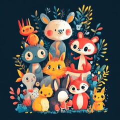 Sticker - A group of cute cartoon animals, including a cat, bunny, fox, and squirrel, gathered in the forest, surrounded by colorful foliage.