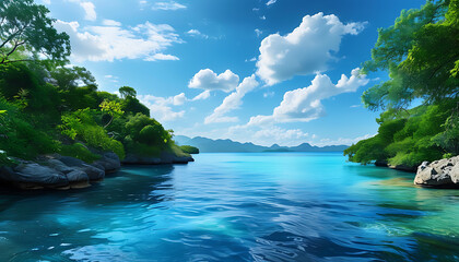 Wall Mural - Stunning natural beauty with blue water and green landscape.