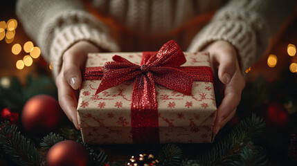 Poster - A close-up of hands carefully tying a red ribbon around a Christmas gift,