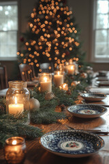 Poster - A festive dining room with a long wooden table, set with holiday-themed plates, candles, and a garland of fresh pine branches,