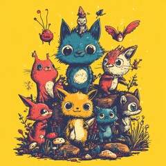 Poster - A group of six cartoon cats with different colored fur and features standing in a field with flowers and mushrooms on a yellow background.