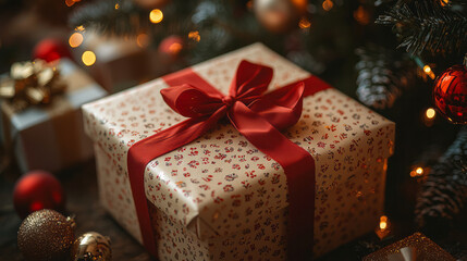 Poster - A beautifully wrapped gift box with a red ribbon, placed under a decorated Christmas tree,